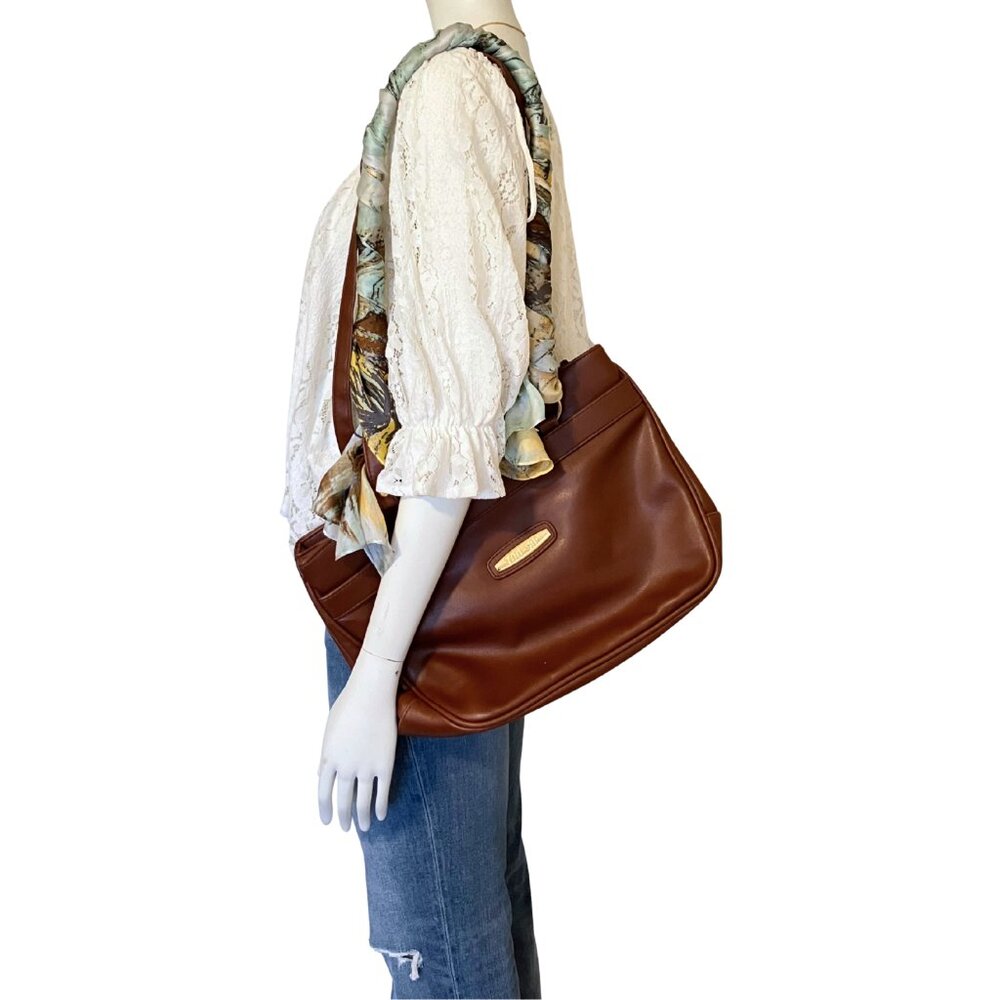 Deadstock Vintage 90s Brown Leather Shoulder Bag Classic Tote Preppy Large Work - Picture 3 of 11